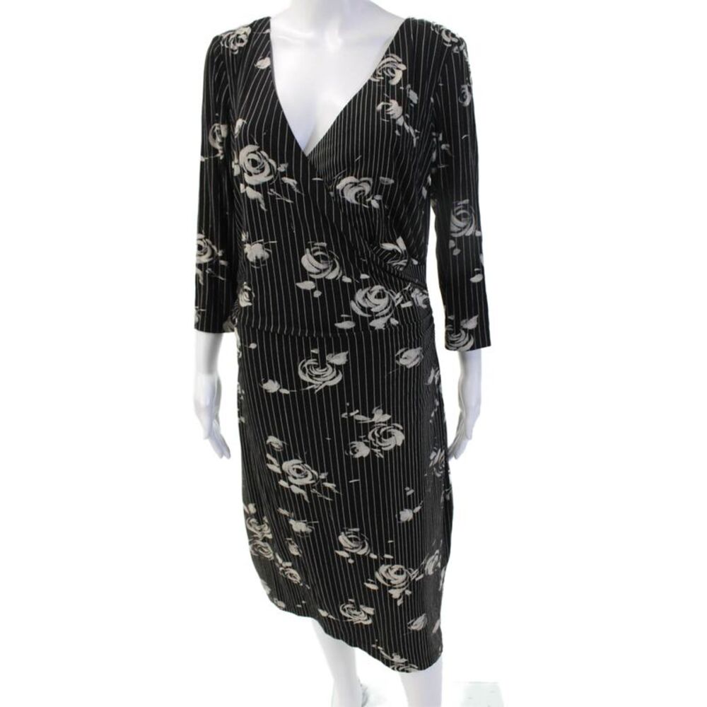 David Meister Womens Black Wrap Dress Long 3/4 Sleeve V Neck Size 12